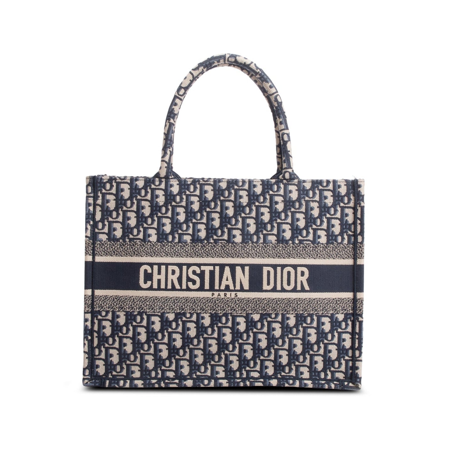 Christian Dior 2023 Ecru and Blue Oblique Embroidery Medium Book Tote