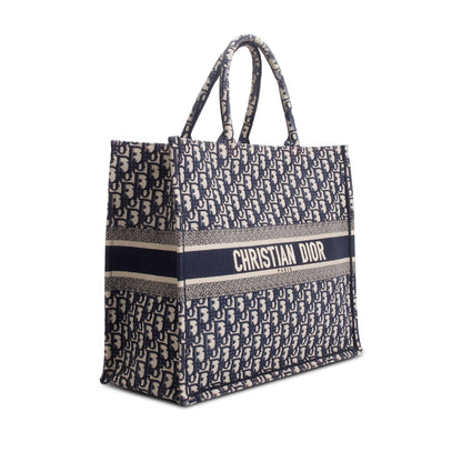 Christian Dior Ecru and Blue Dior Oblique Embroidery Large Book Tote