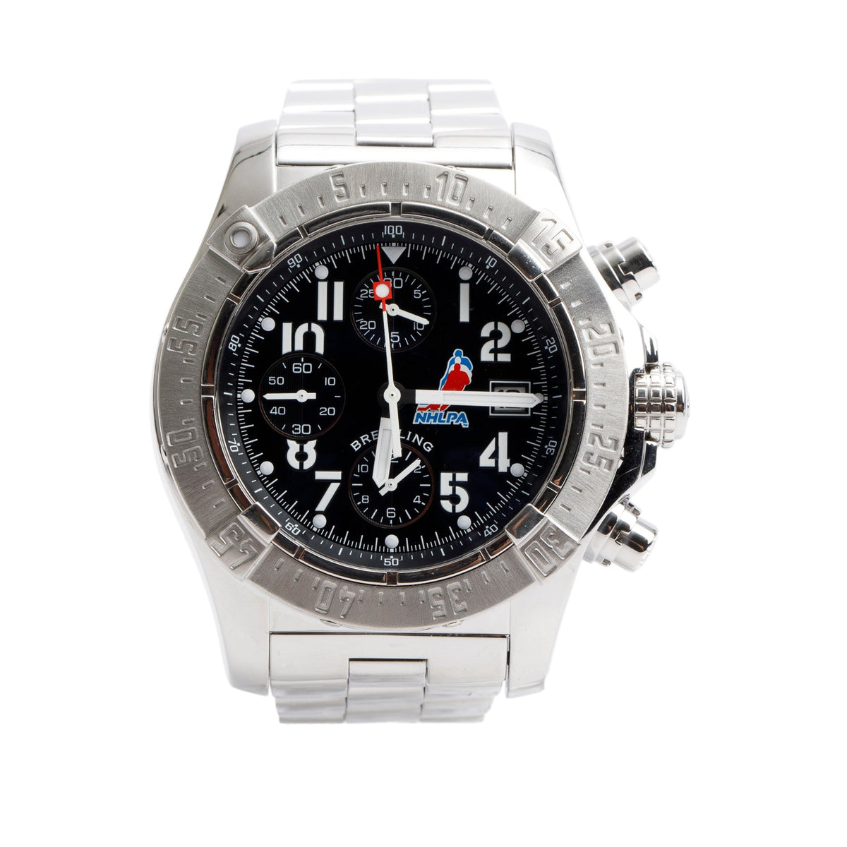 Breitling Stainless Steel Avenger Skyland NHLPA Edition 45 MM Automatic Chronograph Watch Black Dial A13380