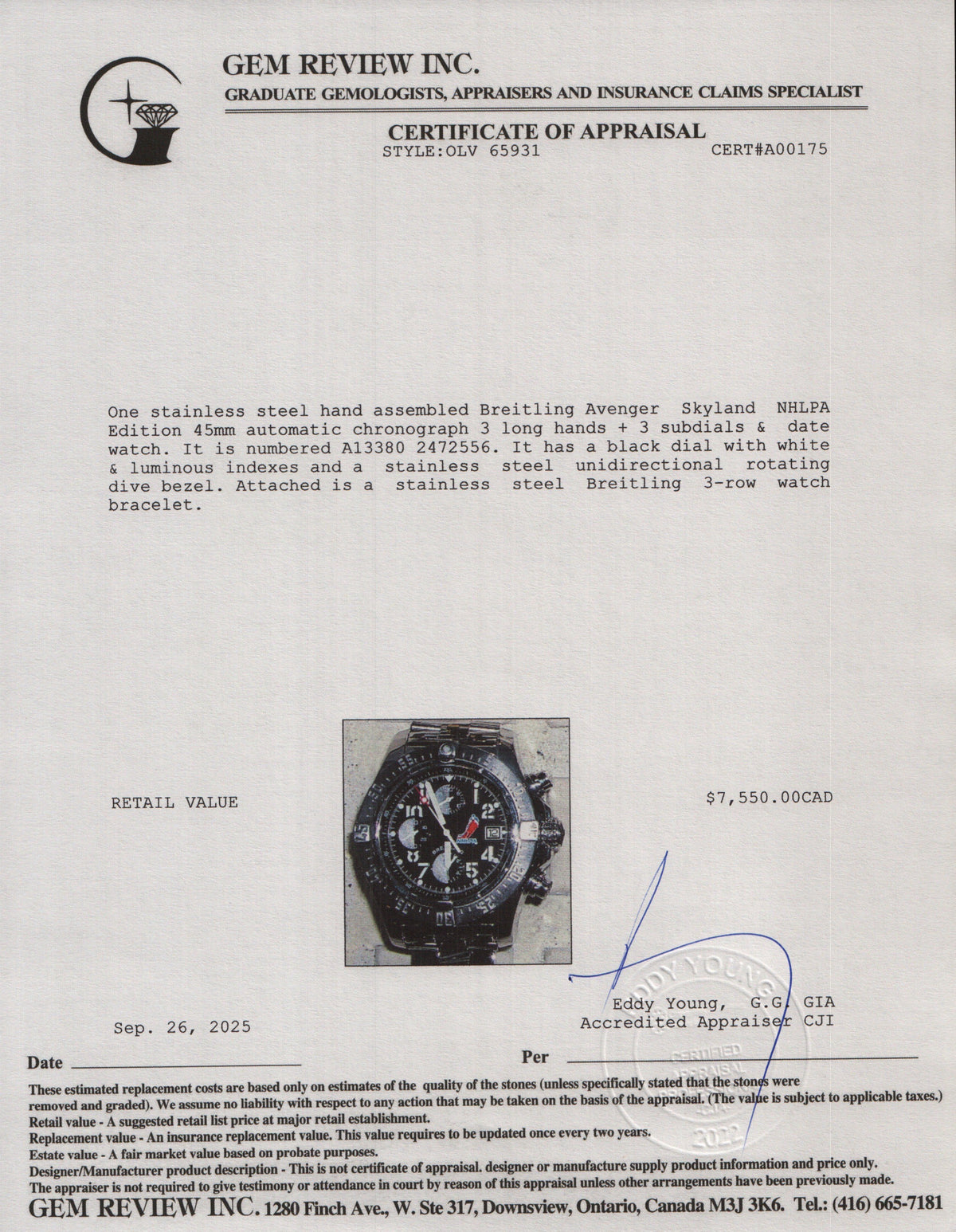 Breitling Stainless Steel Avenger Skyland NHLPA Edition 45 MM Automatic Chronograph Watch Black Dial A13380