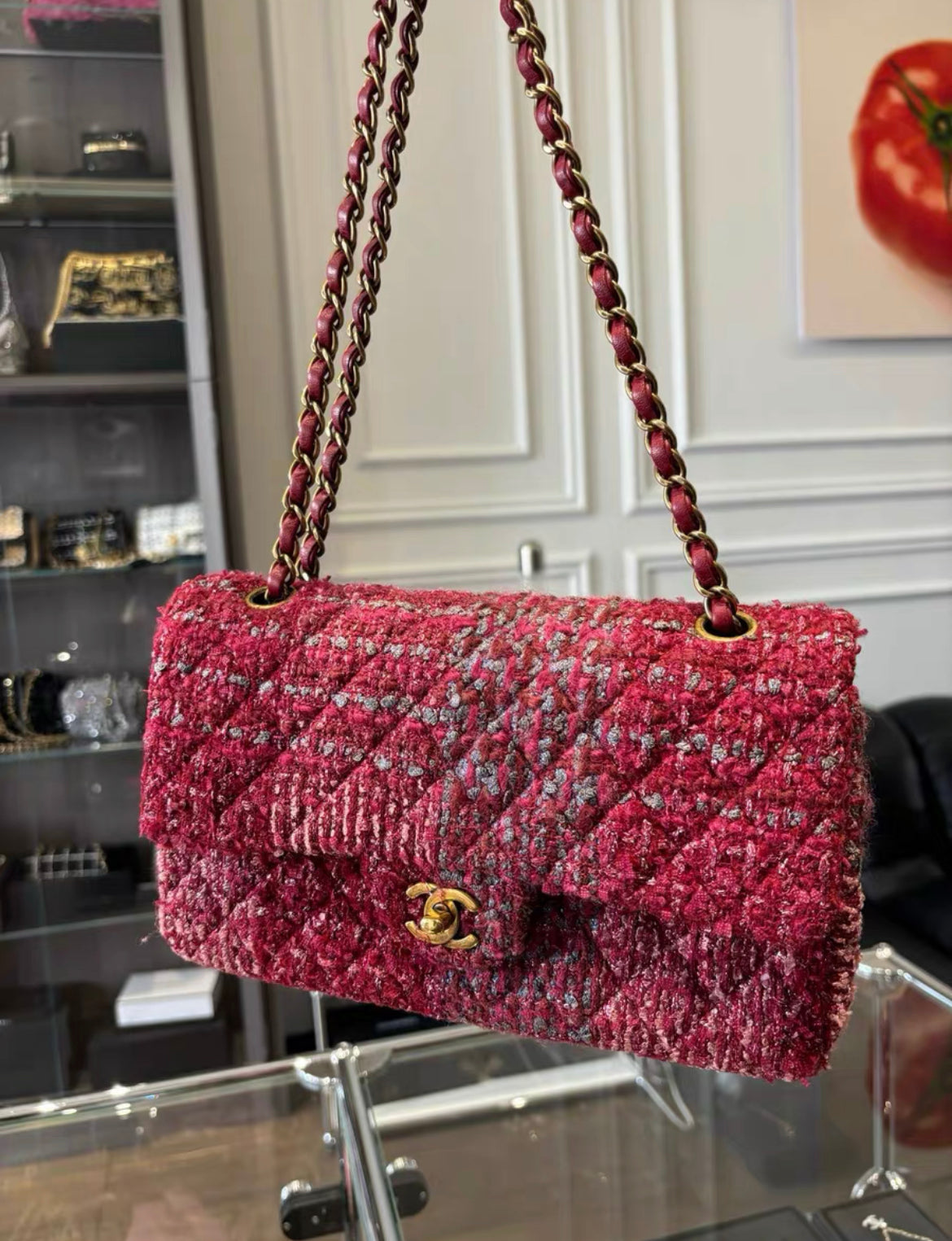 Chanel Burgundy Red And Multicolor Tweed Medium Classic Flap Bag Gold Hardware Rare Model