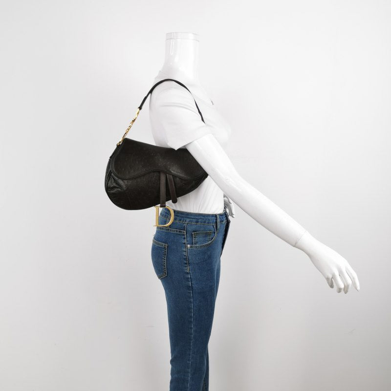 Dior Saddle Ostrich Leather Dark Brown Shoulder Bag