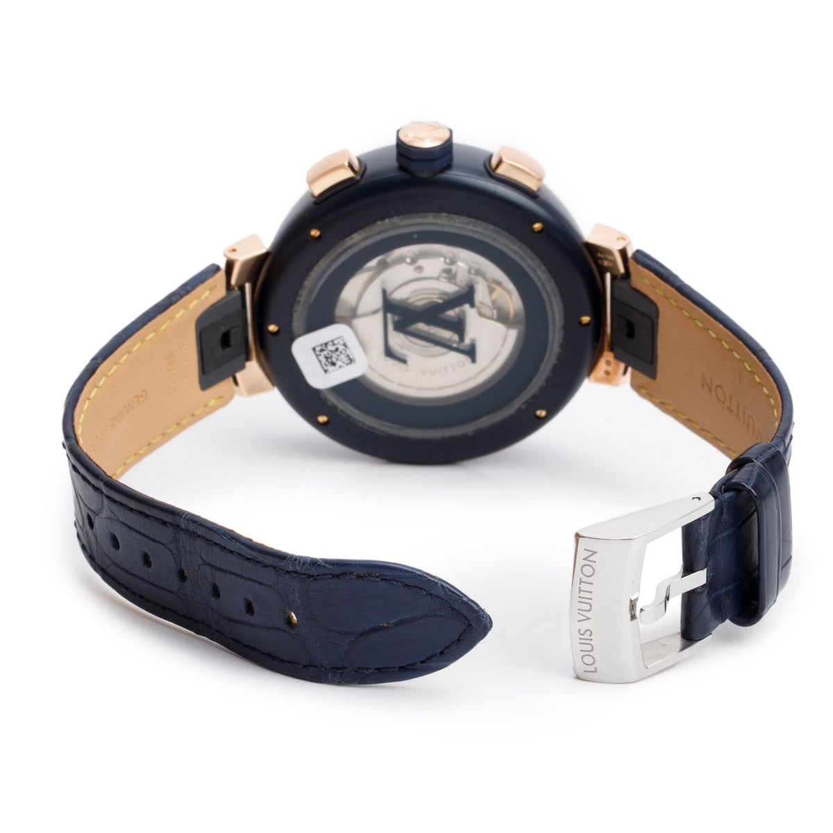 Louis Vuitton Rose Gold Plated Stainless Steel & Blue PVD Tambour 46 MM Automatic Chronograph Watch Damier Cobalt V Dial QA090 w/ Box