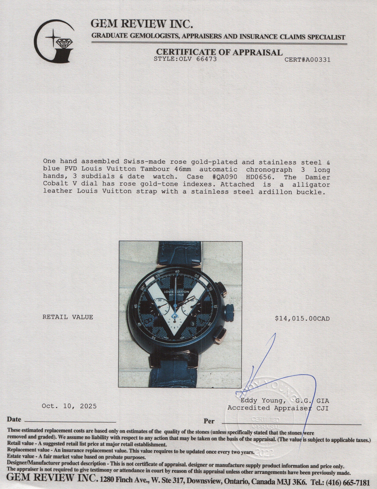Louis Vuitton Rose Gold Plated Stainless Steel & Blue PVD Tambour 46 MM Automatic Chronograph Watch Damier Cobalt V Dial QA090 w/ Box