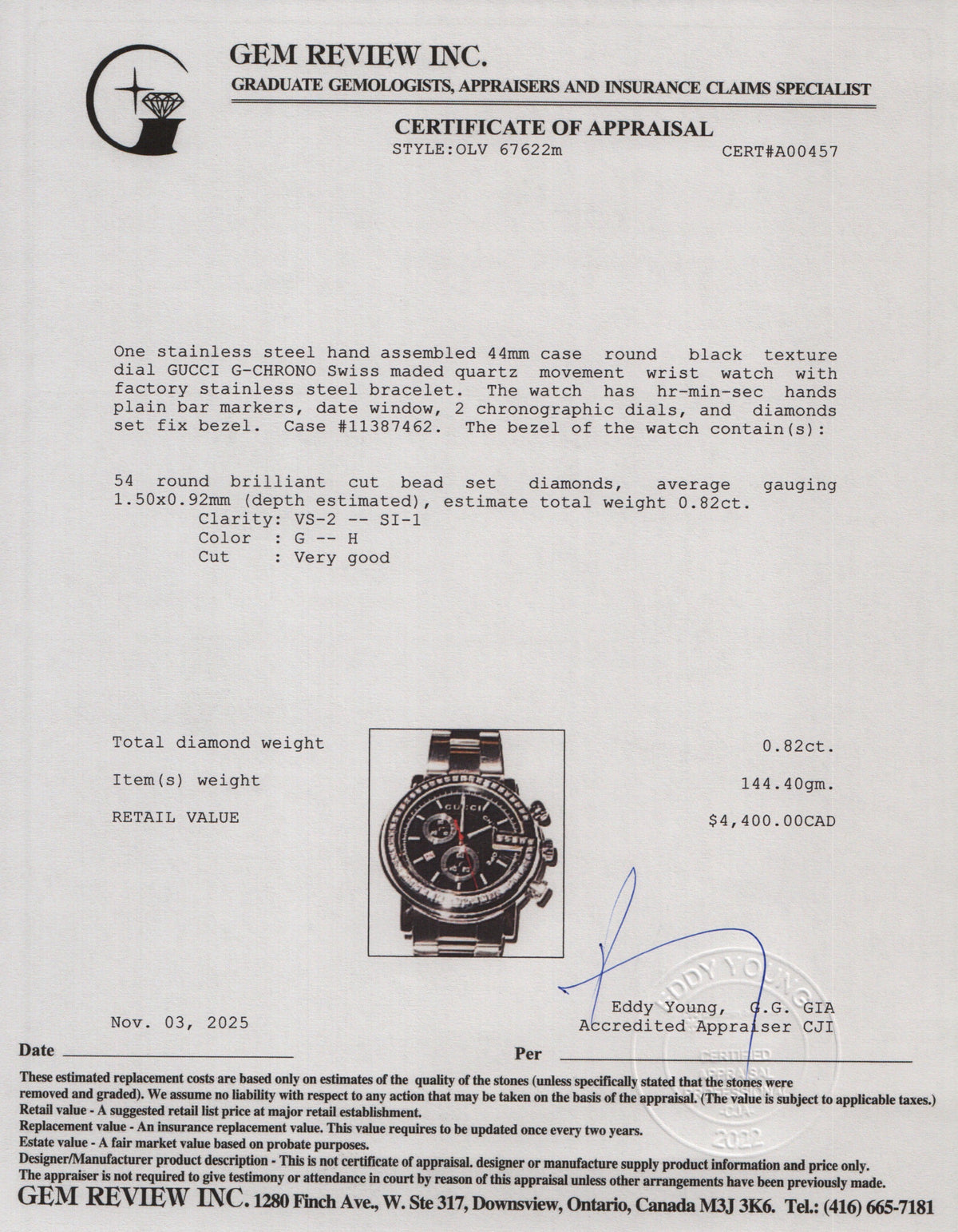 Gucci Staineless Steel Diamond Bezel G-Chrono 44MM Watch Black Dial