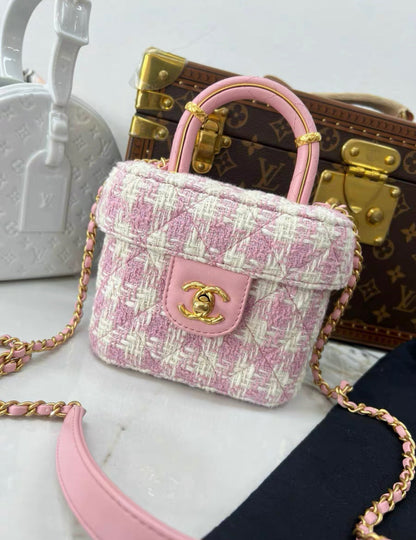 Chanel 23S Top Handle Bag In Pink Tweed Houndstooth Gold Hardware