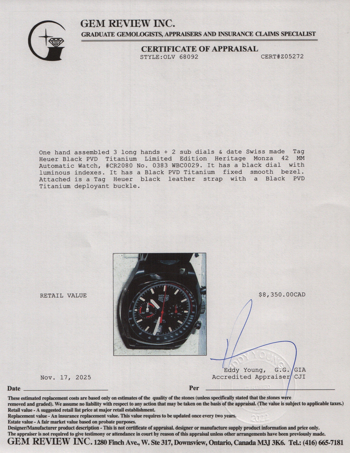 Tag Heuer Black PVD Titanium Limited Edition Heritage Monza 42 MM Automatic Watch Black Dial CR2080 w/ Box & Papers