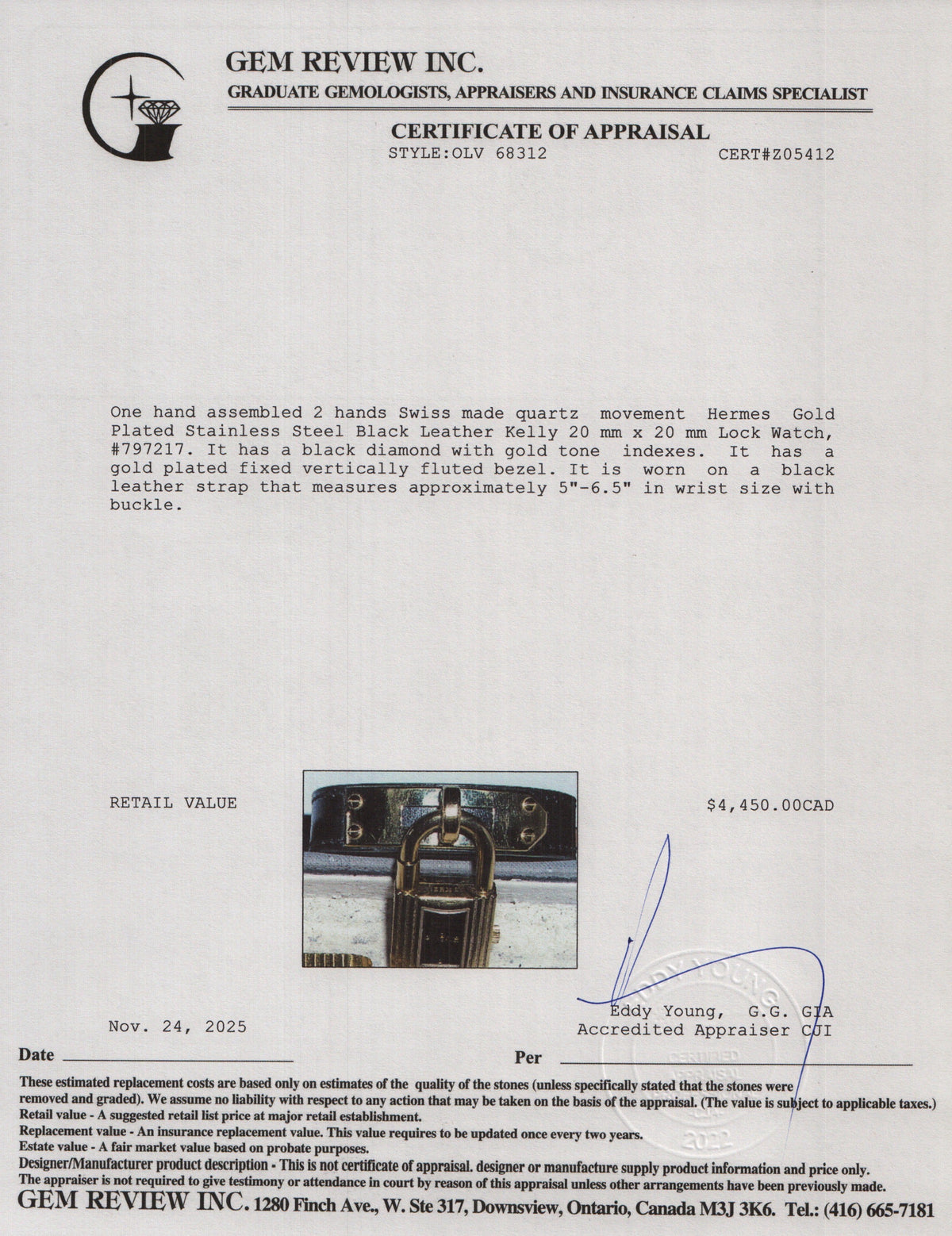 Hermes Gold Plated Stainless Steel Black Leather Kelly Lock Watch