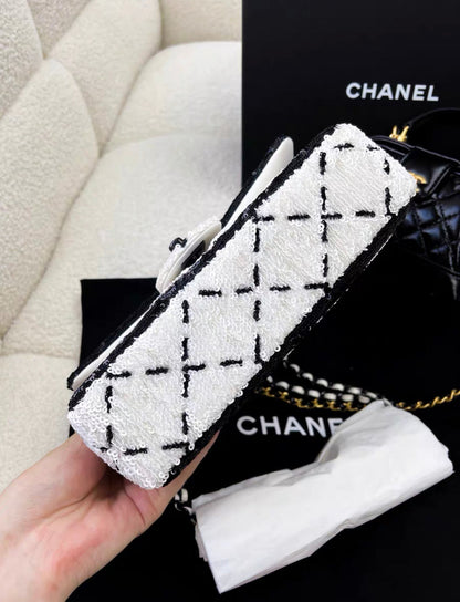 Chanel 24P Large Flap Bag Sequins Black Metal White Black