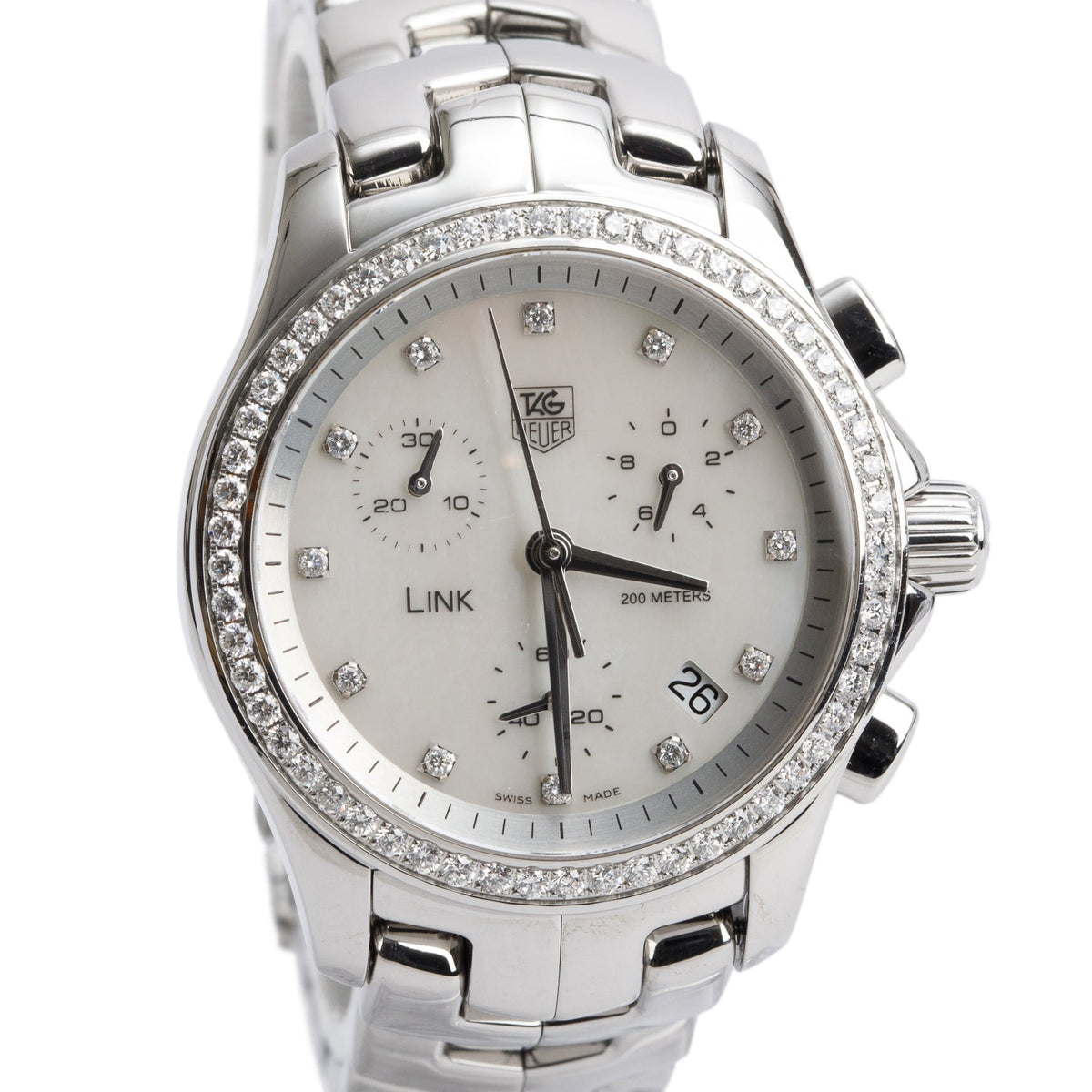 Tag Heuer Stainless Steel Link Diamond Bezel 33 MM Chronograph Quartz Watch Mother of Pearl Diamond Dial CJF1314 w/ Box & Papers