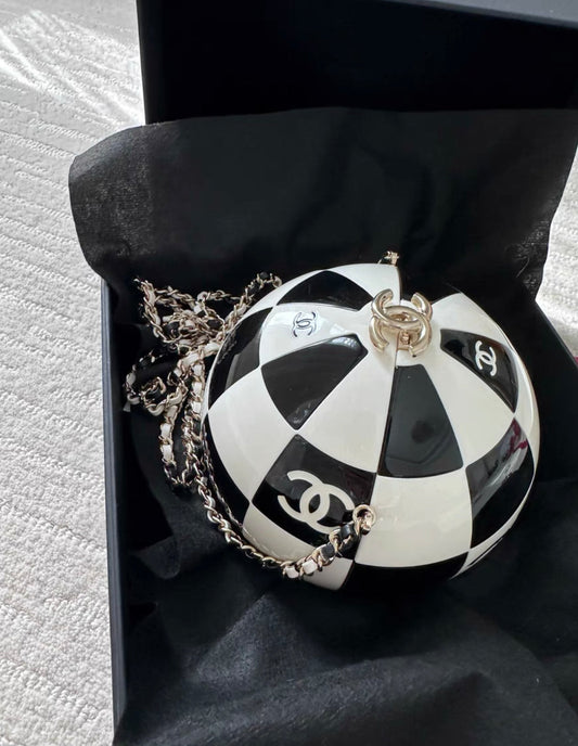 Chanel 2023 Black And White Resin And Enamel Checker Sphere Minaudiere Pale Gold Hardware