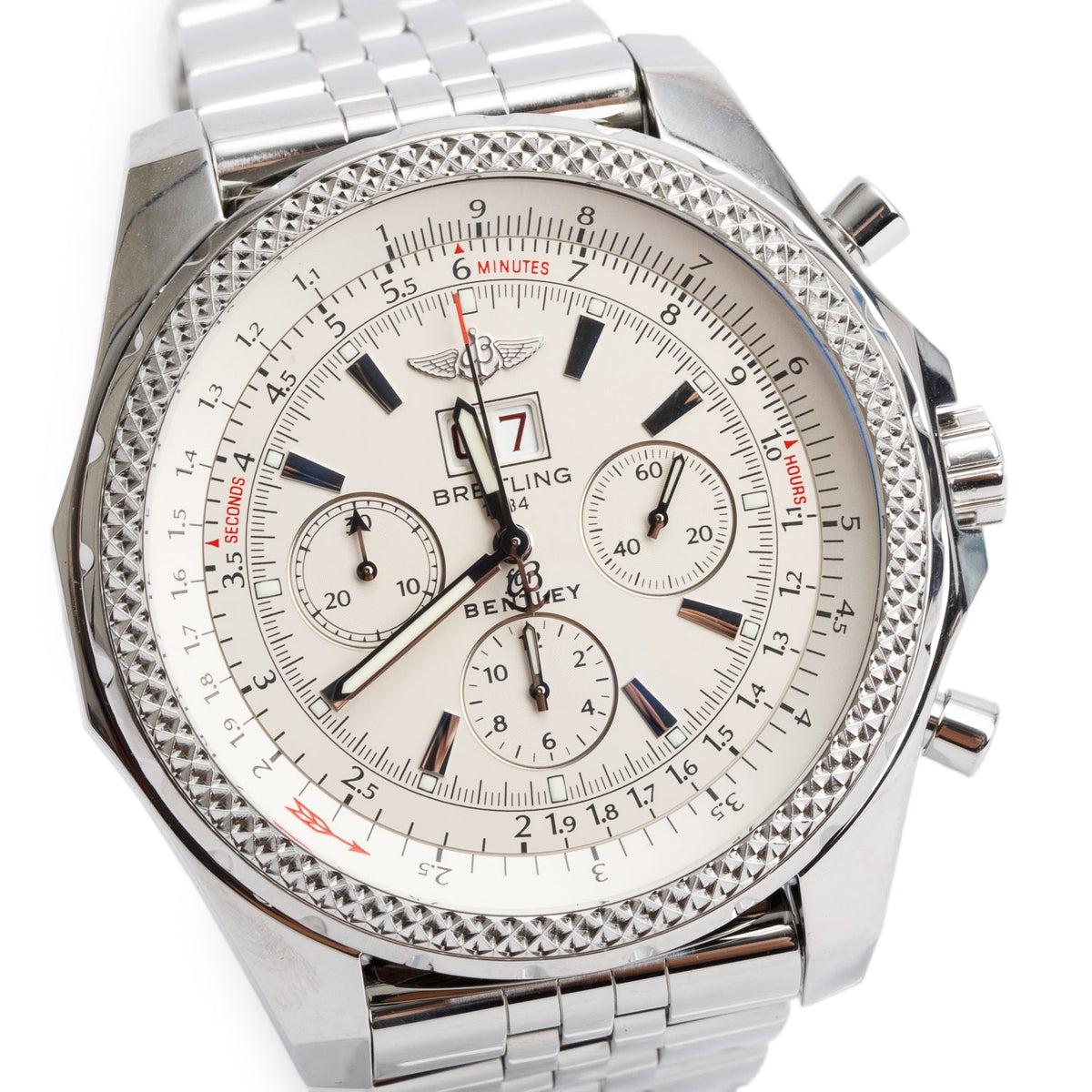 Breitling Stainless Steel Bentley 6.75 49 MM Automatic Chronograph Watch Silver Dial A44362 w/ Box & Papers