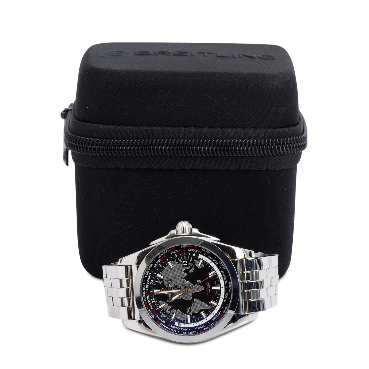 Breitling Stainless Steel Galactic Unitime 44 MM Automatic Watch Black Dial WB3510 w/ Case & Receipt