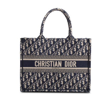 Christian Dior 2021 Ecru and Blue Oblique Embroidery Medium Book Tote