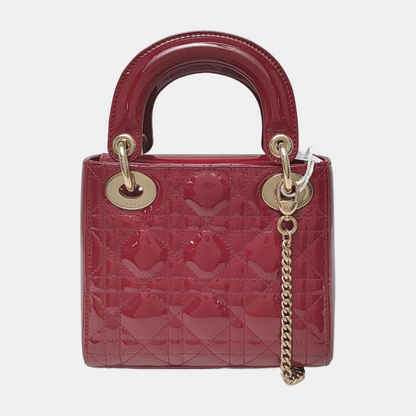 Lady Dior Mini Handbag Burgundy Red Patent Leather Gold-tone Chain Strap
