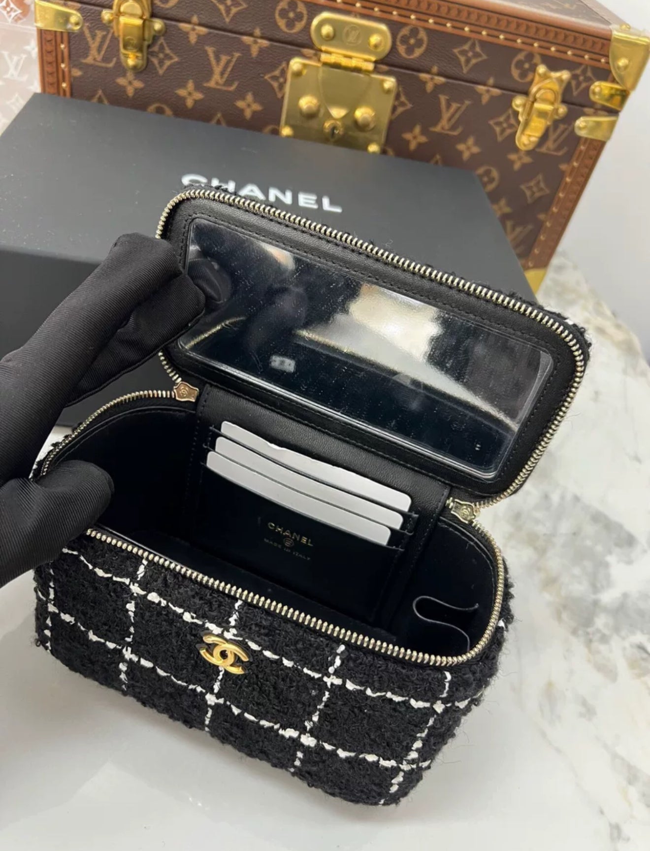 Chanel 23K Black White Tweed Mini Vanity Case Gold Chain
