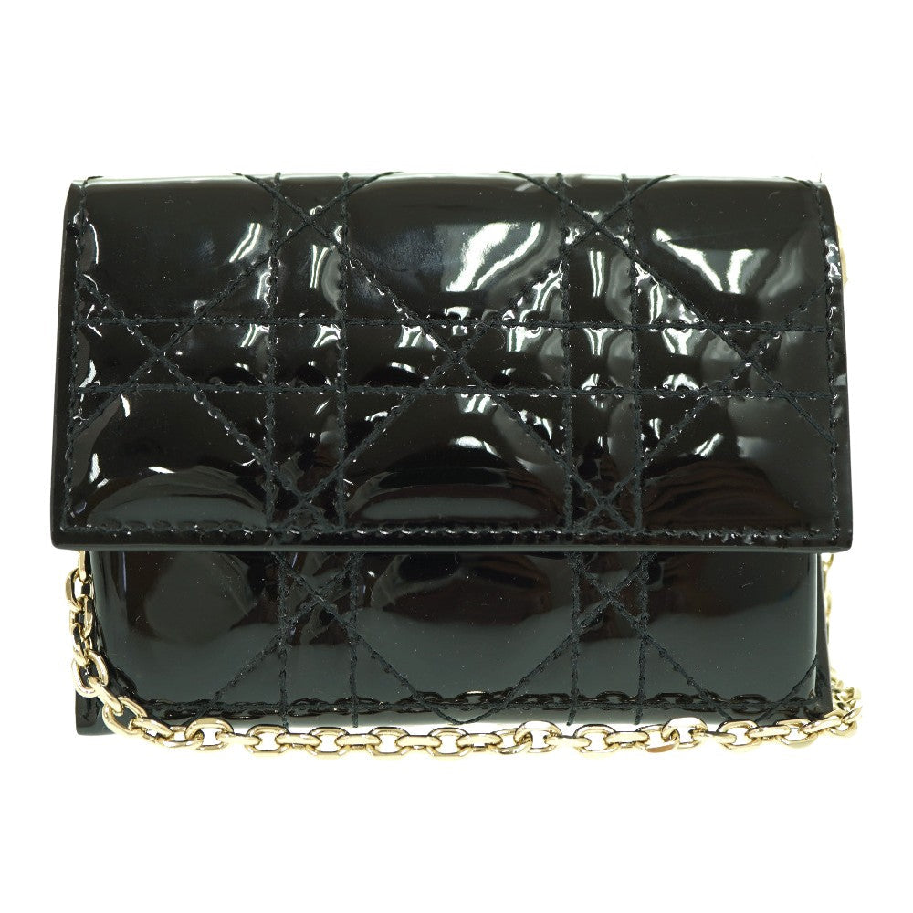 Dior Shoulder Bag Patent leather black Chain Card Case Coin Case Wallet Women