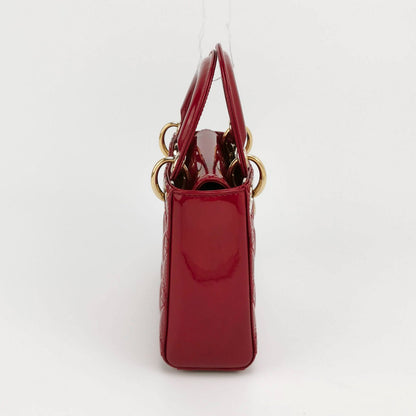 Lady Dior Mini Handbag Red Patent Leather Gold-tone Leather and Chain Strap