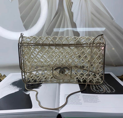 Rare Chanel Pearl Cage Classic Flap Bag Ivory Faux Pearls Silk With Pale Gold-Tone Hardware