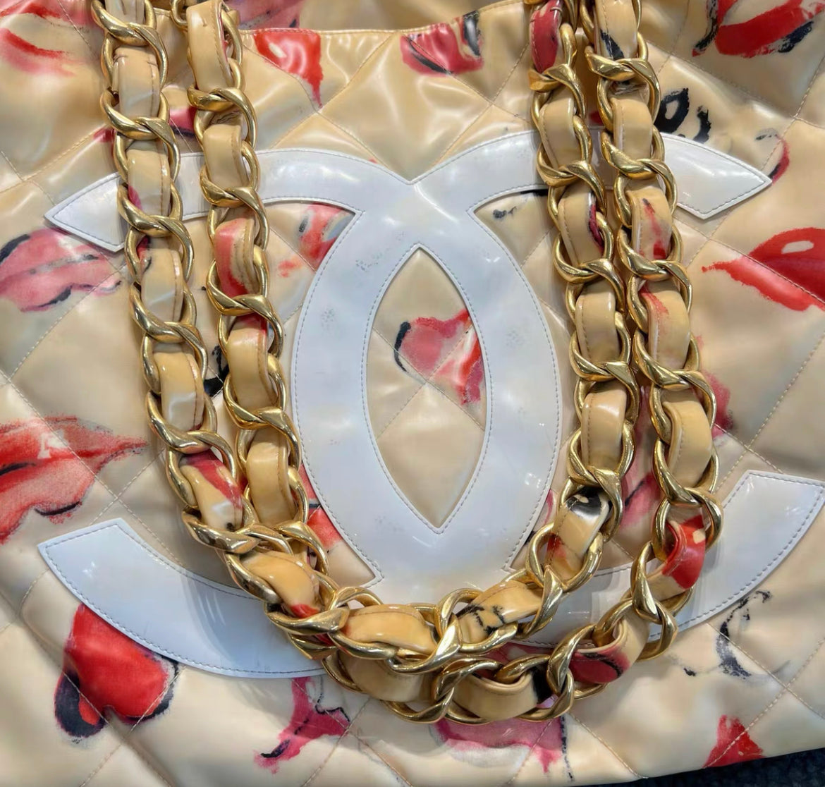 Chanel Coated Canvas Quilted Lips And Kisses Graffiti Xl Tote Beige