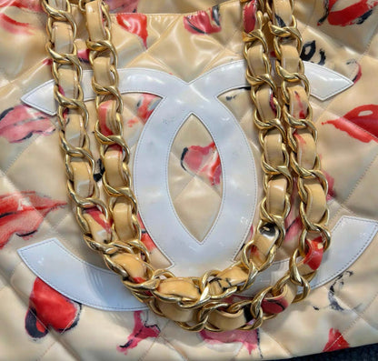Chanel Coated Canvas Quilted Lips And Kisses Graffiti Xl Tote Beige