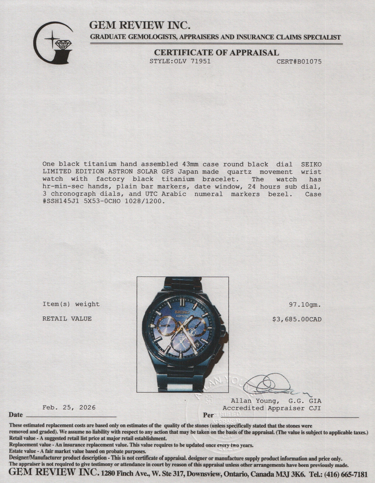 Seiko Limited Edition Black Titanium Astron Solar GPS 43 MM Chronograph Watch SSH145J1 w/ Box