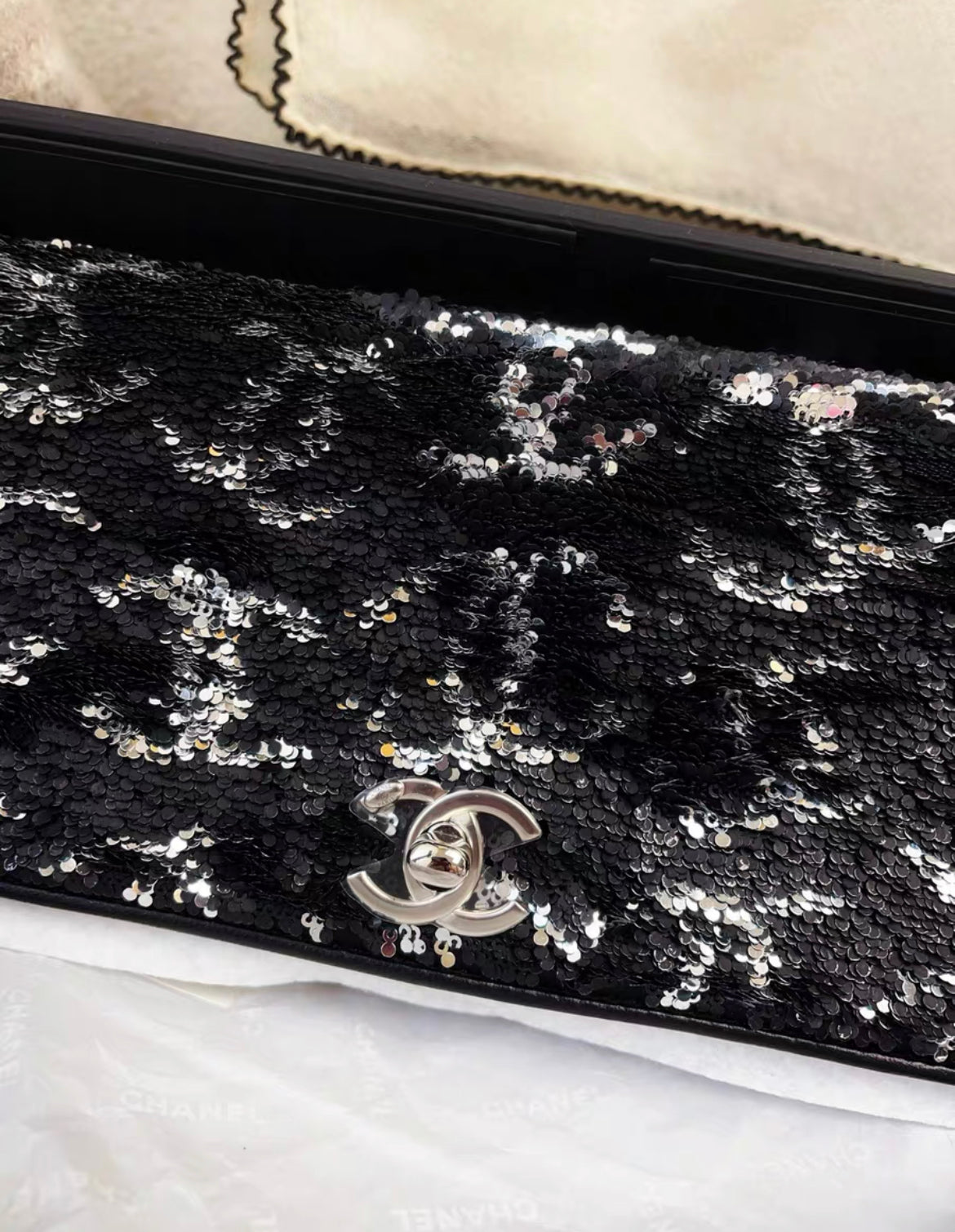 Chanel 23B Black Sequin Double Cc Flap Bag