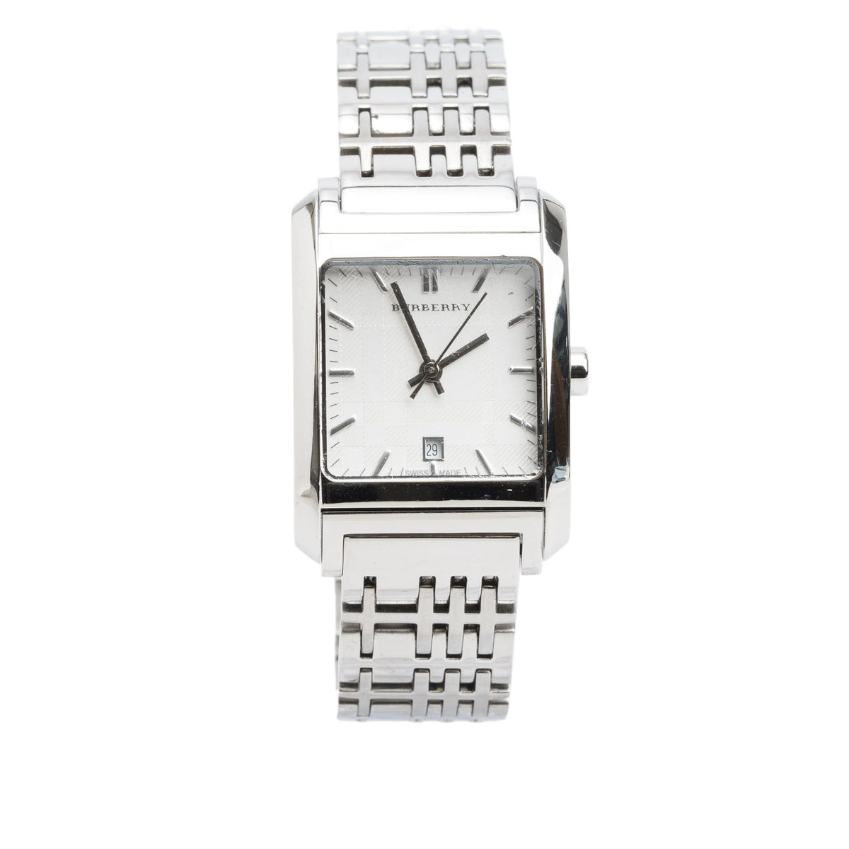 Burberry Stainless Steel Nova Check Square Quartz Watch Silver Check Dial BU1572