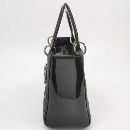 Lady Dior Medium Black Patent Leather Handbag with Silver Hardware