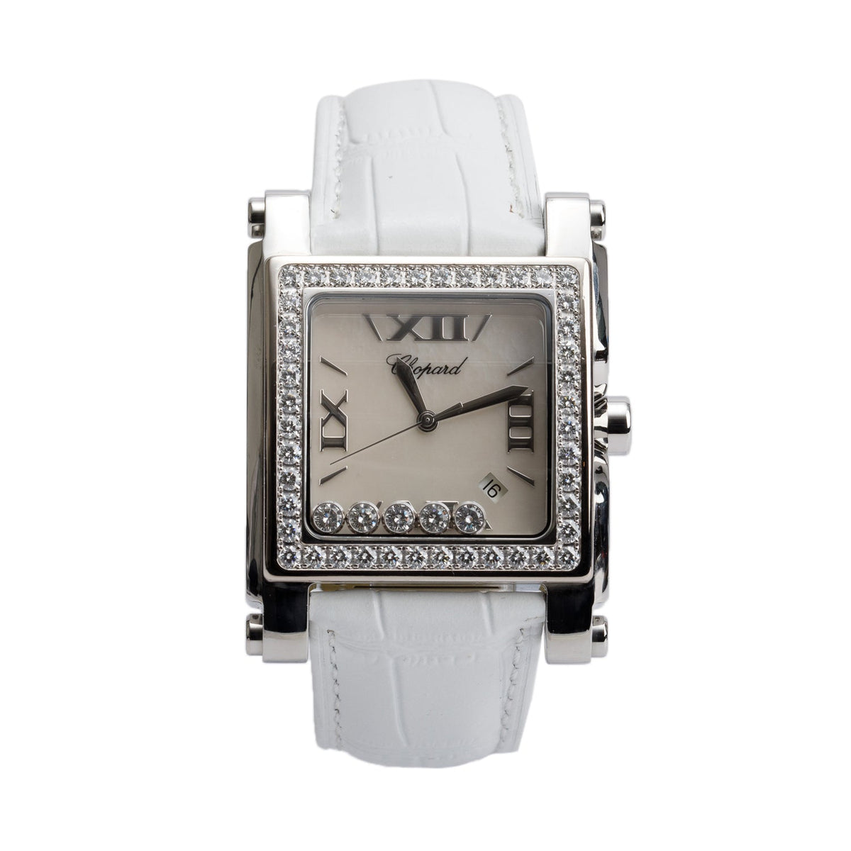 Chopard Stainless Steel Diamond Bezel Happy Sport Square 35 MM Quartz Watch Diamond Mother of Pearl Dial
