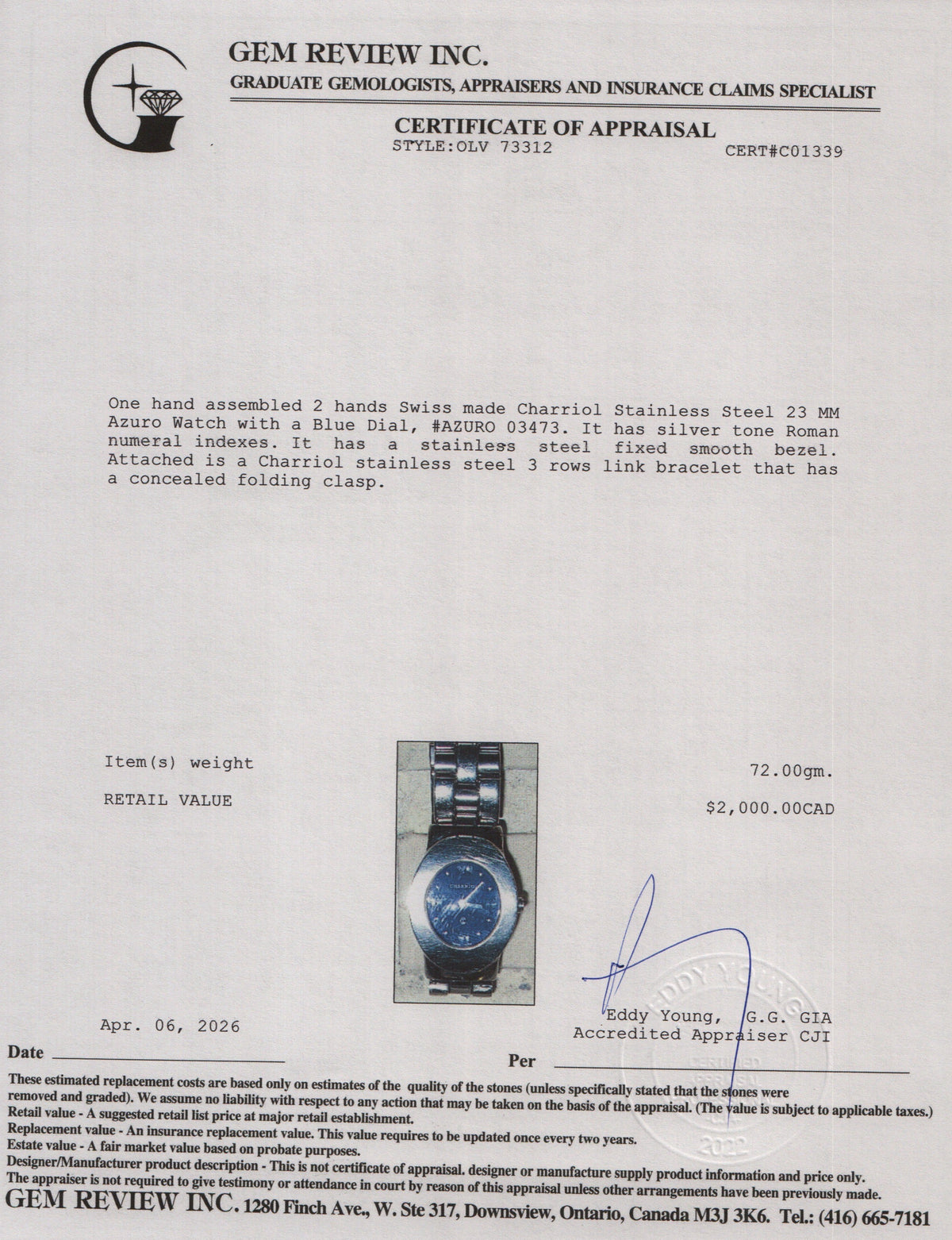 Charriol Stainless Steel 23 MM Azuro Watch Blue Dial