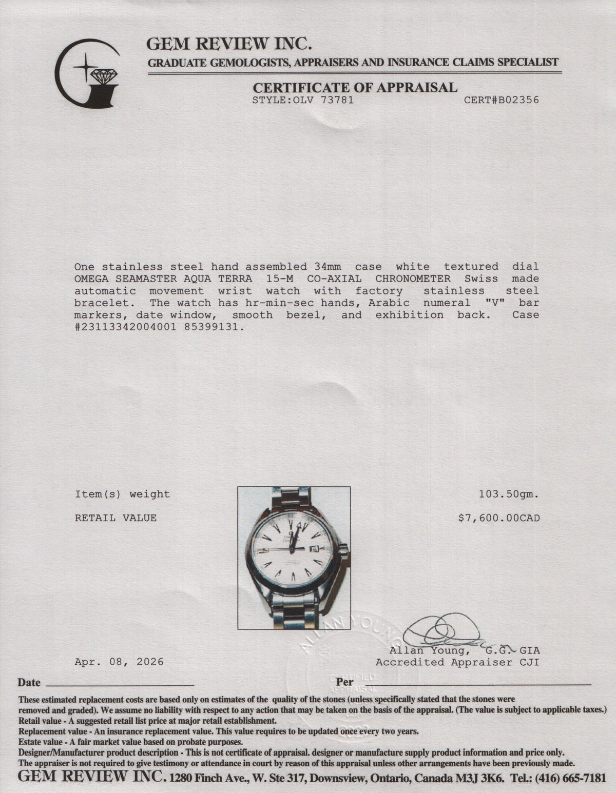 Omega Stainless Steel Seamaster Aqua Terra 34 MM 150M Co-Axial Chronometer Automatic Watch White Dial w/ Papers
