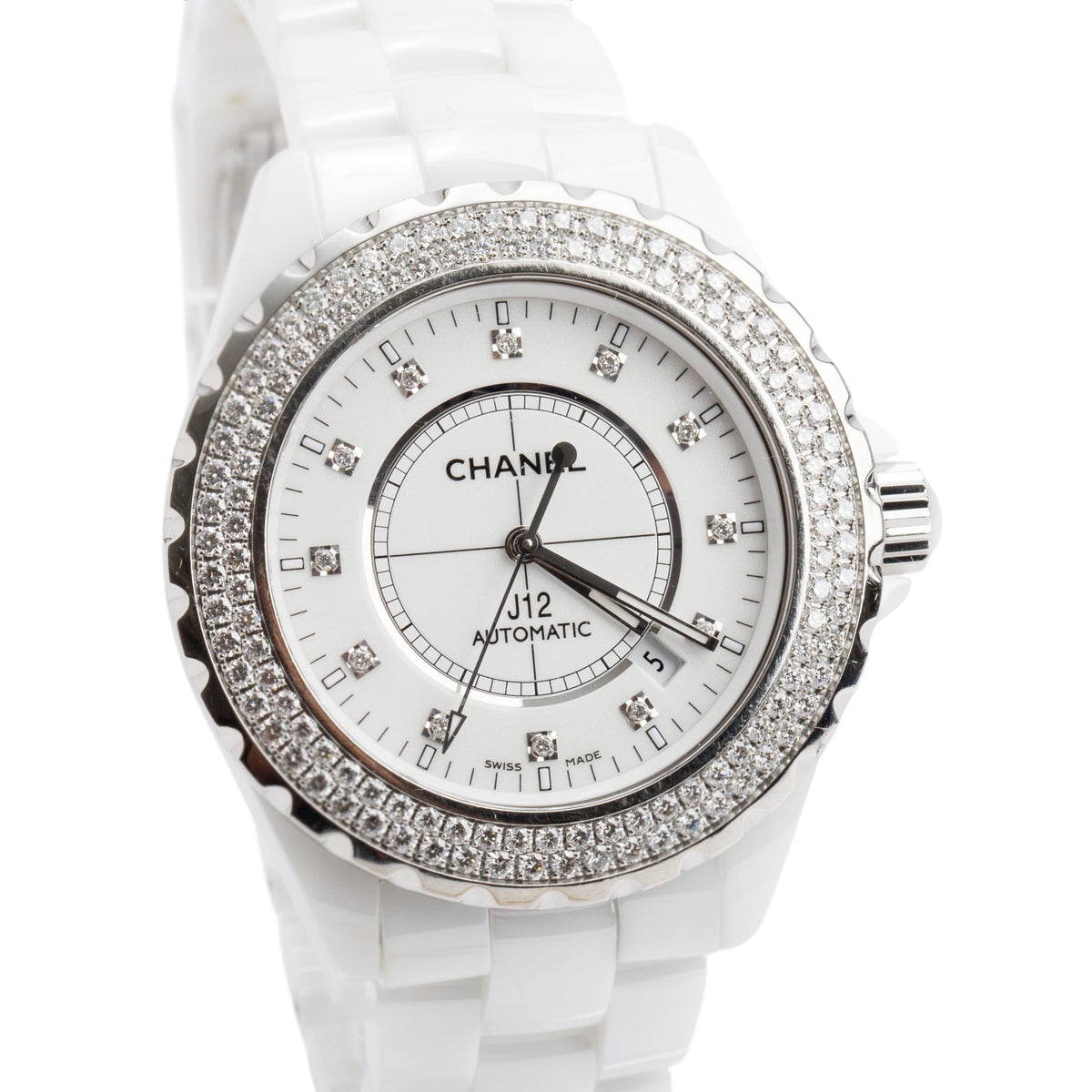 Chanel Stainless Steel & White Ceramic Diamond Bezel J12 42 MM Automatic Watch White Diamond Dial