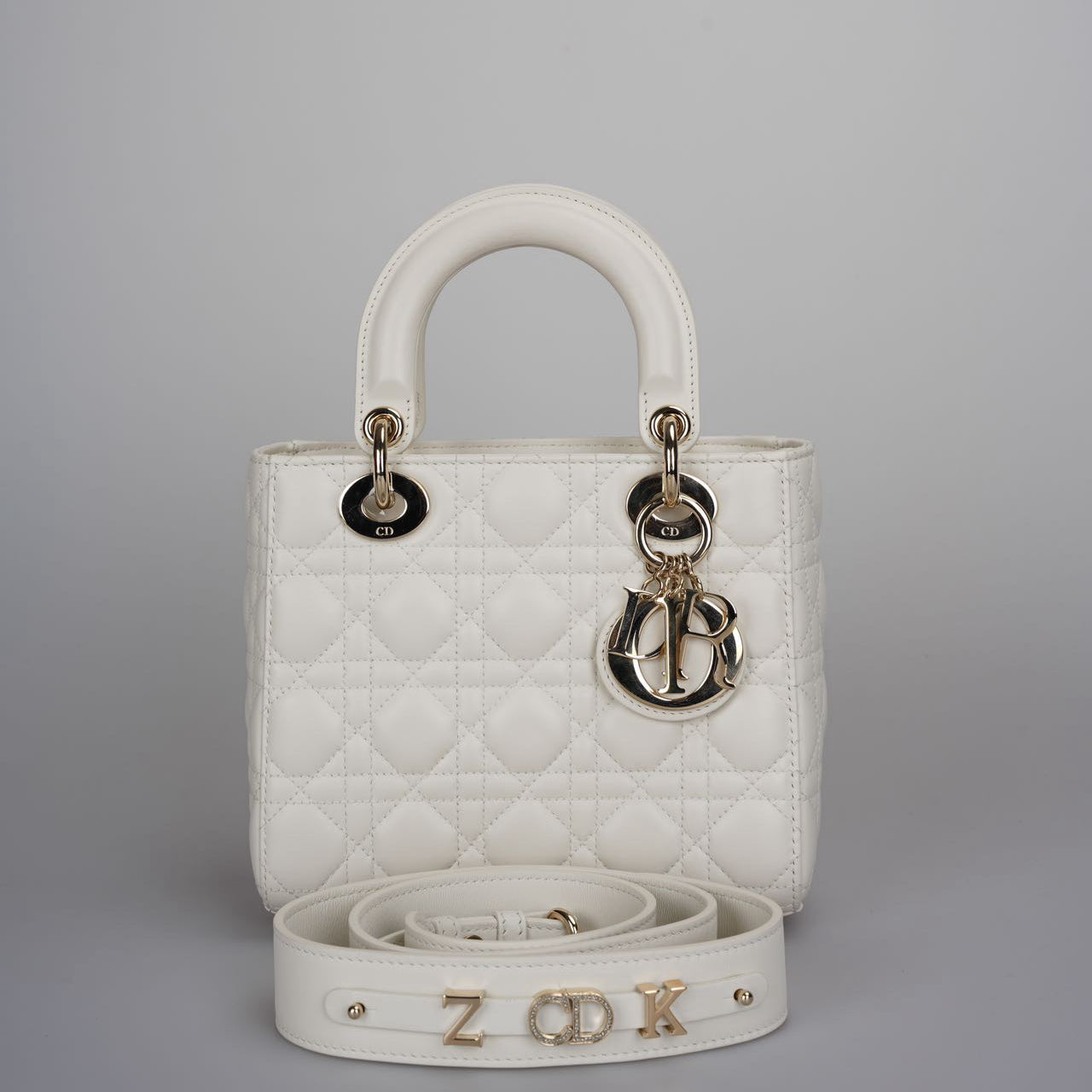 Christian Dior White Small Lady Dior Bag In Cannage Lambskin Leather With Gold Hardware 2020