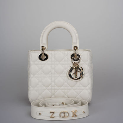 Christian Dior White Small Lady Dior Bag In Cannage Lambskin Leather With Gold Hardware 2020