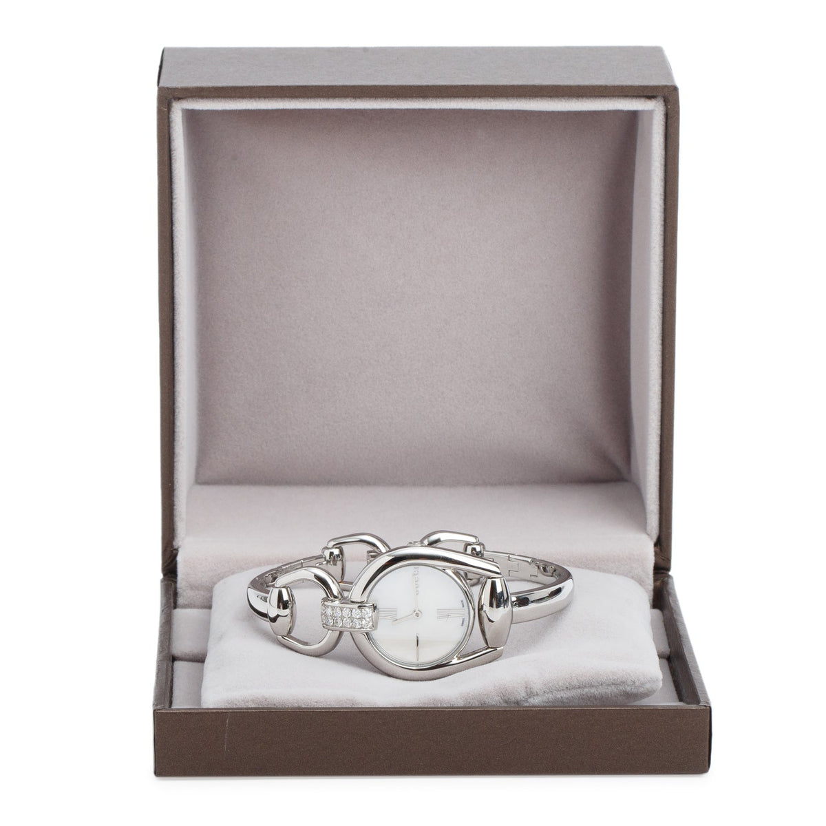 Gucci Stainless Steel Diamond Bezel 139.5 Horsebit 28 MM Quartz Watch Mother of Pearl Dial w/ Box