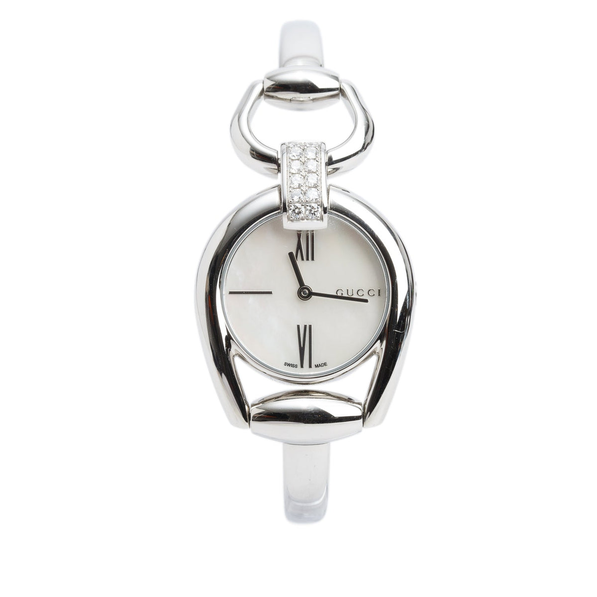Gucci Stainless Steel Diamond Bezel 139.5 Horsebit 28 MM Quartz Watch Mother of Pearl Dial w/ Box