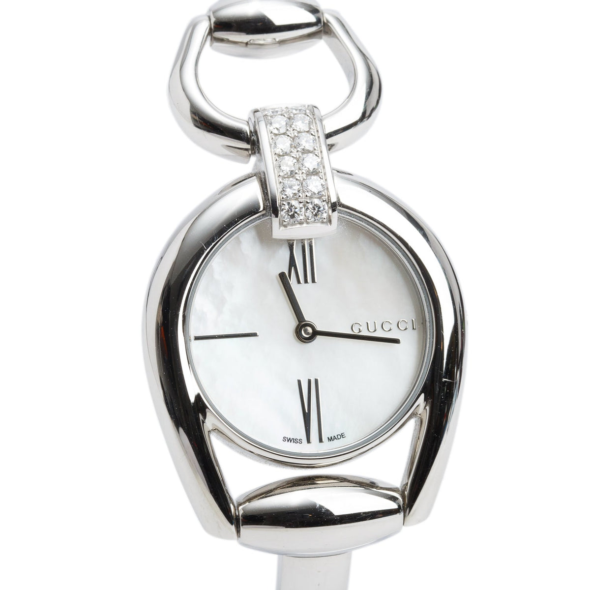 Gucci Stainless Steel Diamond Bezel 139.5 Horsebit 28 MM Quartz Watch Mother of Pearl Dial w/ Box