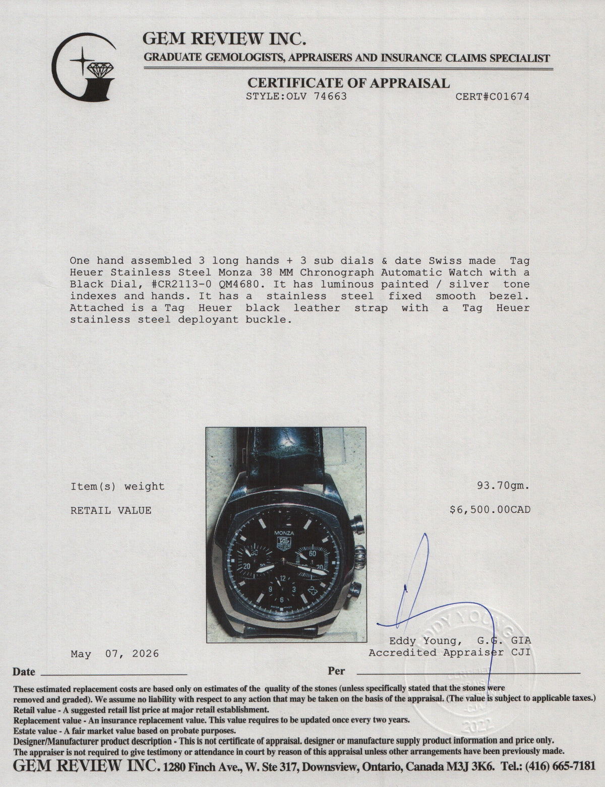Tag Heuer Stainless Steel Monza 38 MM Chronograph Automatic Watch Black Dial CR2113-0