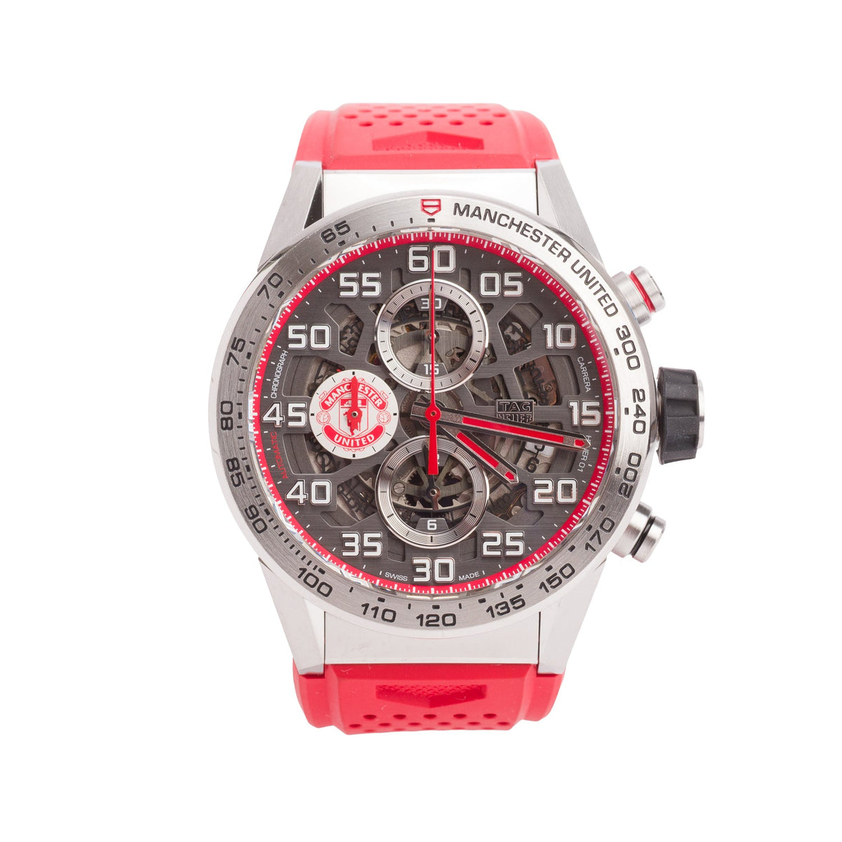 Tag Heuer Limited Edition Stainless Steel Carrera Manchester United 43 MM Automatic Chronograph Watch Grey Skeleton Dial CAR201M w/ Box & Papers