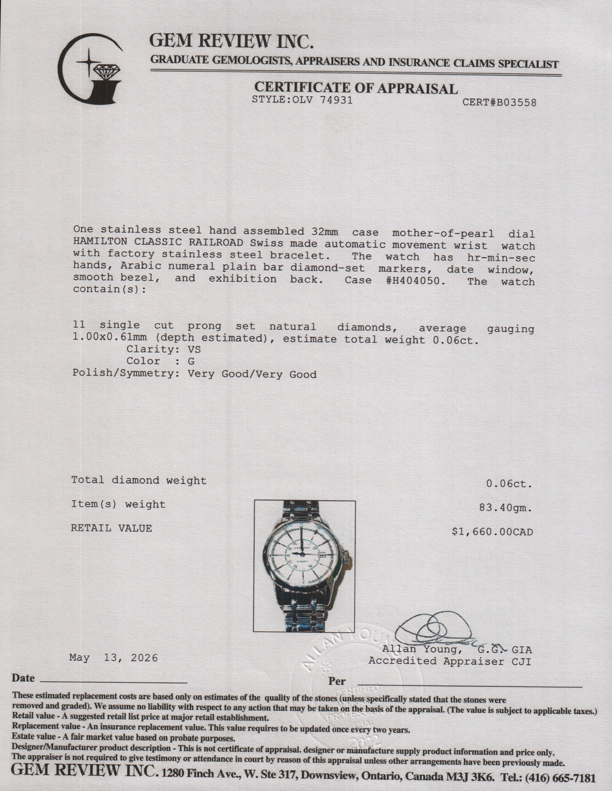 Hamilton 2025 Stainless Steel Classic Railroad 32MM Automatic Watch Diamond Mother of Pearl Dial w/ Box & Papers
