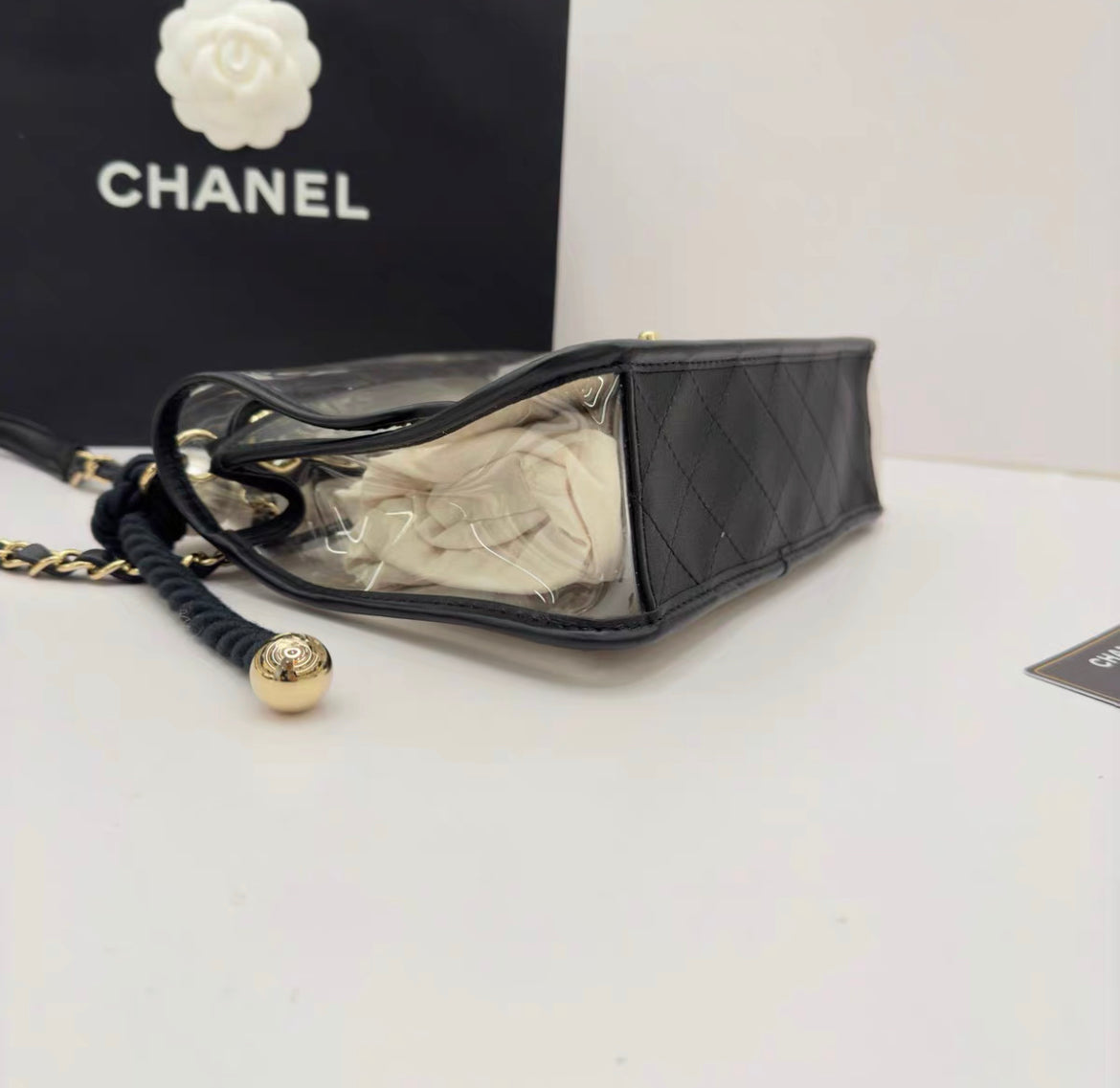 Chanel Lambskin Pvc Sand By The Sea Flap Bag With Pearl Strap