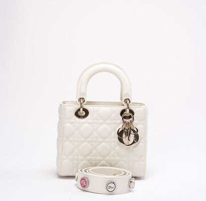 Christian Dior White Small Lady Dior Bag In Cannage Lambskin 2017