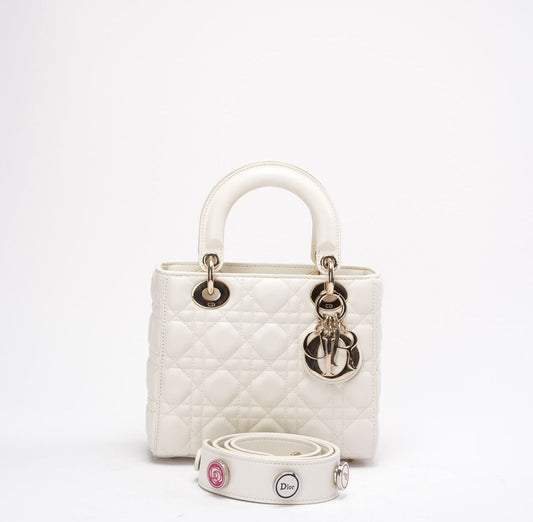 Christian Dior White Small Lady Dior Bag In Cannage Lambskin 2017