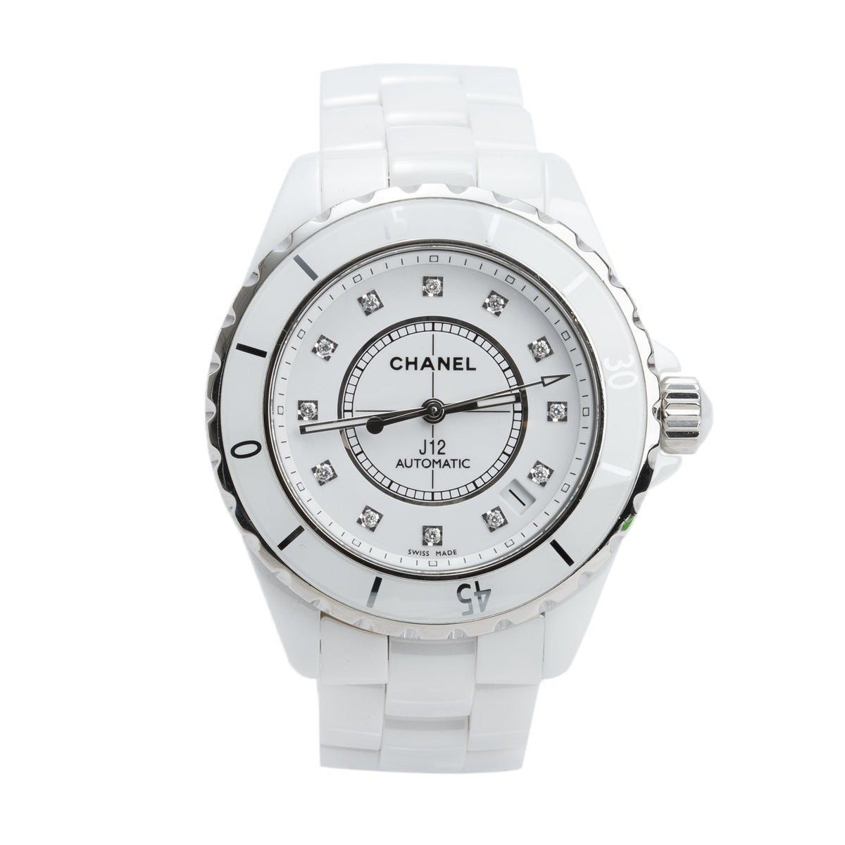 Chanel Stainless Steel & White Ceramic J12 39 MM Automatic Watch White Diamond Dial w/ Box & Papers