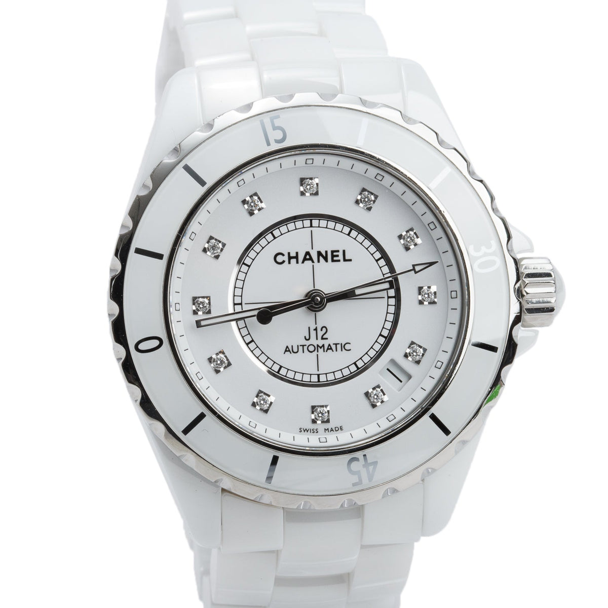 Chanel Stainless Steel & White Ceramic J12 39 MM Automatic Watch White Diamond Dial w/ Box & Papers