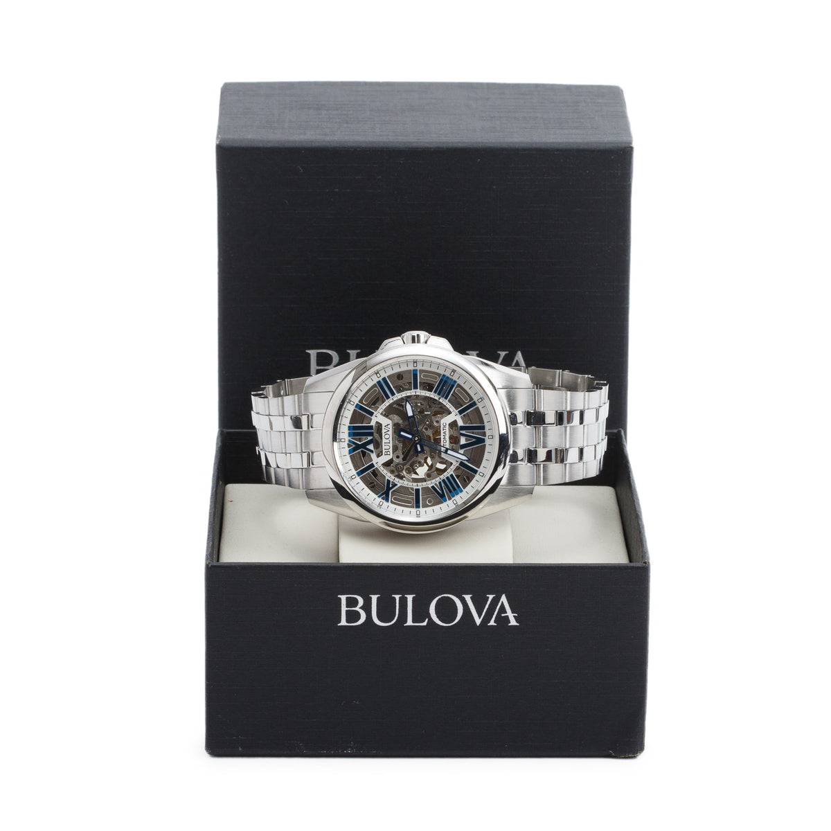 Bulova Stainless Steel Classic Sutton 43 MM Quartz Watch Blue Skeleton Dial 96A187 w/ Box