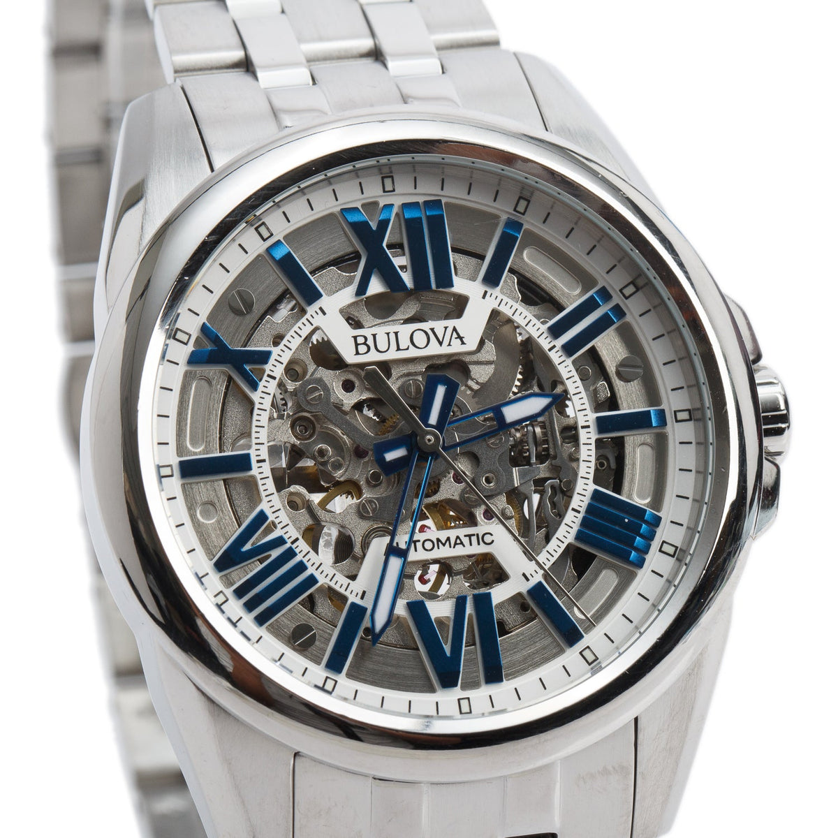 Bulova Stainless Steel Classic Sutton 43 MM Quartz Watch Blue Skeleton Dial 96A187 w/ Box