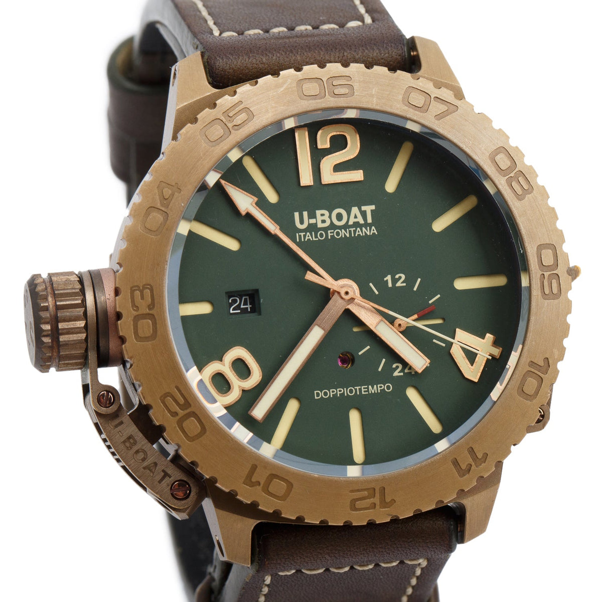 U-Boat Bronze Lefty Doppiotempo 46 MM Automatic GMT Watch Green Dial 9088 w/ Box