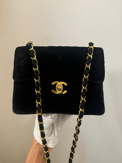 Chanel Mini Velvet Flap Bag Black Gold Hardware